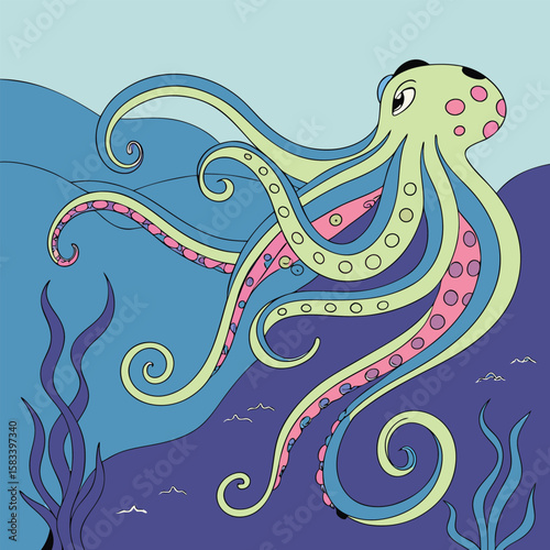 Friendly Green Octopus Swimming in Deep Blue Ocean Waters with Pink Accents