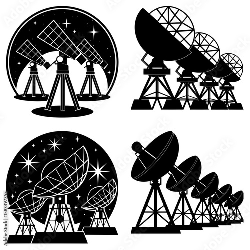 Illustration showing telescopes and satellite dishes against a starry night sky in black and white colors