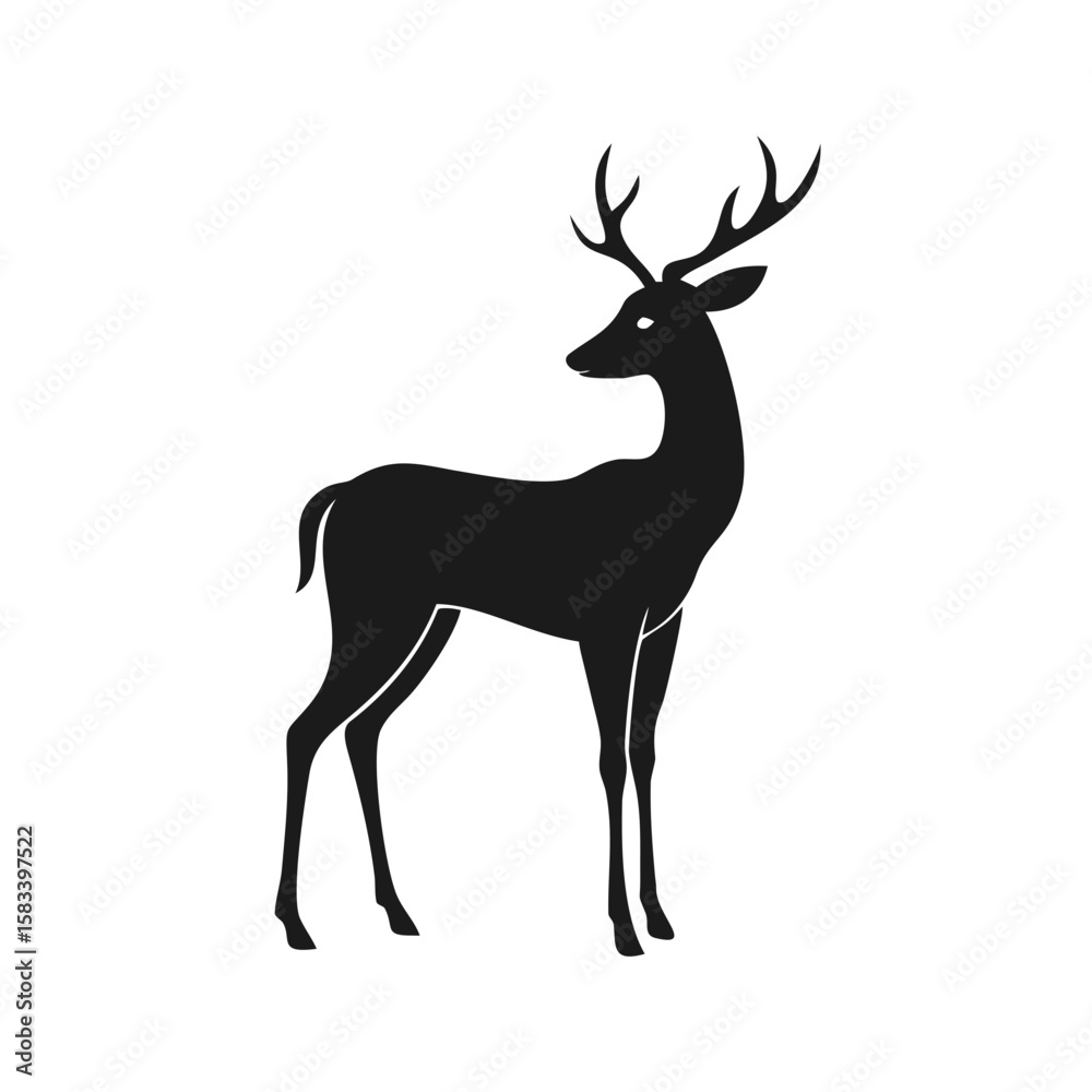 Fototapeta premium Black silhouette of a graceful deer with antlers looking backward, symbolizing wildlife, forest nature, hunting, and outdoor themes. Ideal for logos, designs, and nature-inspired projects.
