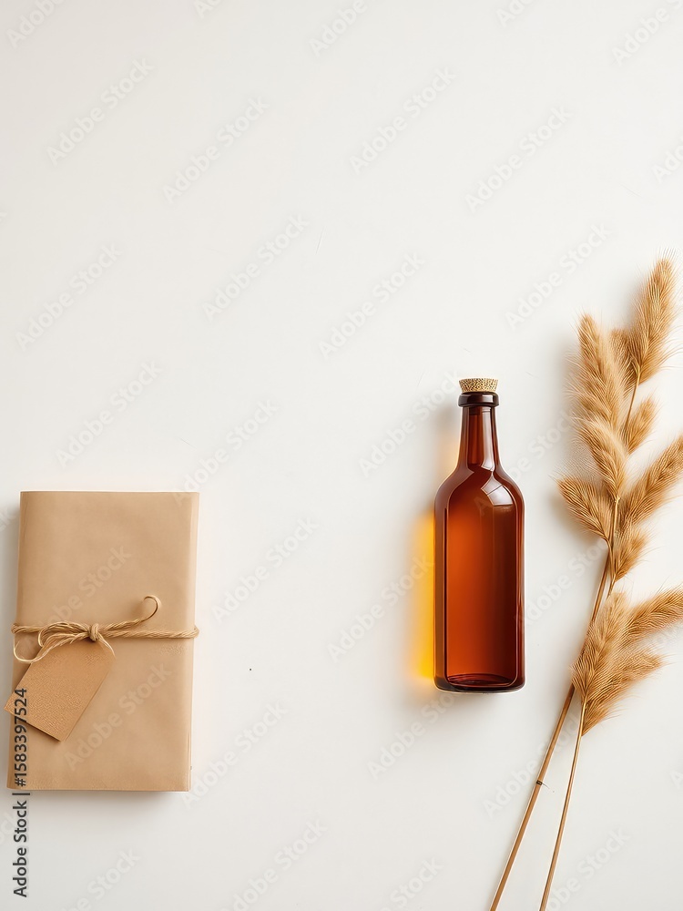 Fototapeta premium Simple presentation A packaged gift with natural twine, glass bottle, and dried ornamental grass against a white background