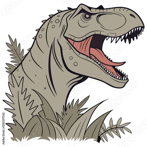 Fierce Tyrannosaurus Rex Roaring in Lush Green Foliage Illustration
