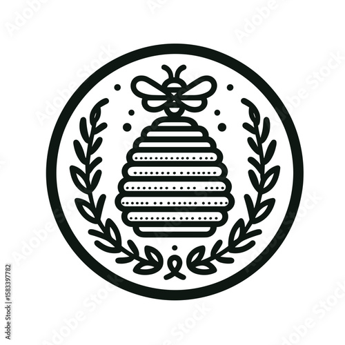 Beehive illustration in a circular design for beekeeping and agricultural contexts
