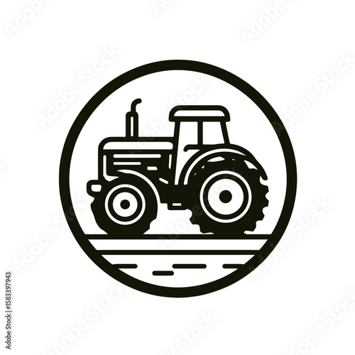 Tractor illustration in a circular frame for agricultural use and farming inspiration