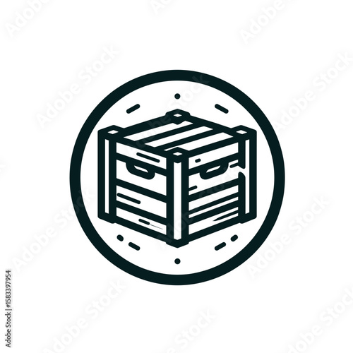 Wooden crate illustration in a circular design for agricultural and artisan contexts
