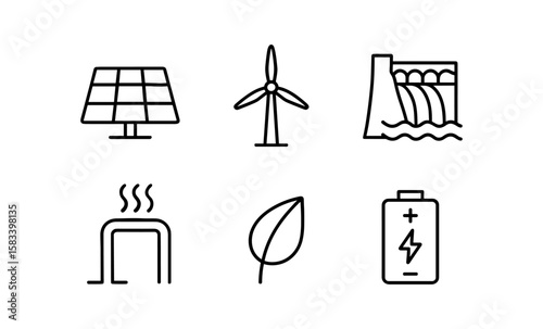 Renewable energy icons: solar, wind, hydroelectric, geothermal, leaf, battery – minimalist linear design