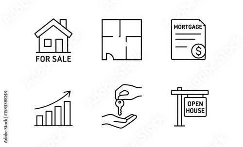 Real estate icons: home buying, selling, and mortgage concepts in linear style