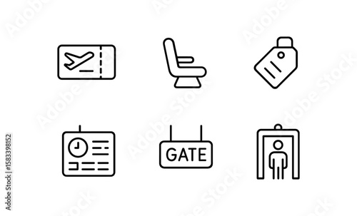 Air travel essentials: linear icons of ticket, seat, and gate signage
