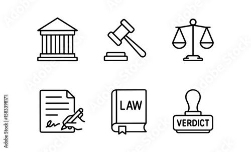 Legal icons set: courthouse, gavel, scales, document, law book, verdict stamp in linear style