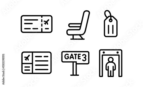 Minimalist airport icons: boarding pass, airplane seat, luggage tag, and more