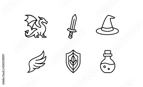 Fantasy icon set: dragon, sword, wand, shield, wings, potion in linear style