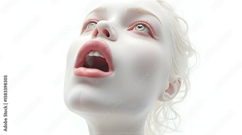 Woman Looking Up with Open Mouth in a Clean White Studio Setting