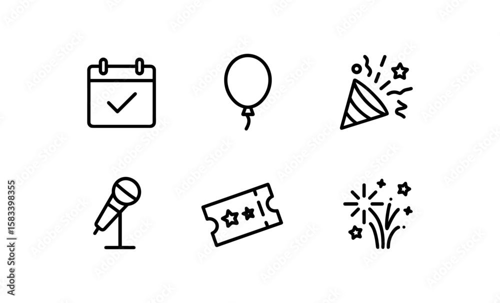 Fototapeta premium Simple celebration icons featuring microphone, calendar, balloon, and fireworks