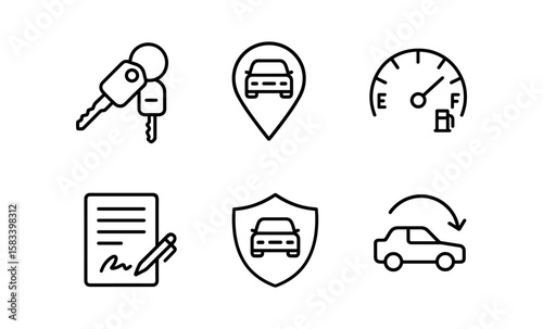 Car rental and leasing icons: keys, gps, fuel, contract, insurance, and return symbols