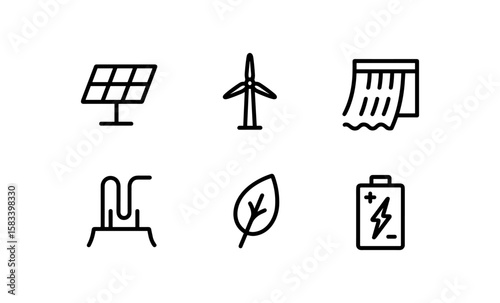 Simple line icons of renewable energy sources and eco-friendly technology
