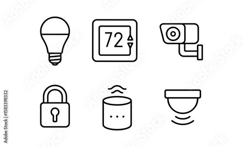 Smart home technology icons set: camera, light bulb, thermostat, lock, sensor