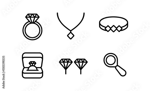 Minimalist jewelry collection: rings, necklaces, bracelets, and diamonds in linear style