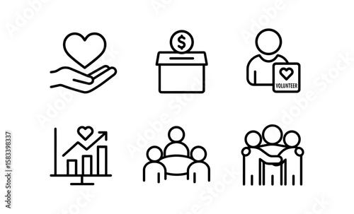 Charity icons set: donation, volunteer, community support, and growth symbols