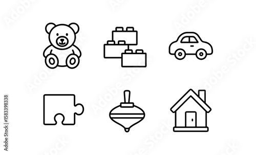 Linear toy icons: bear, building blocks, car, puzzle, top, house