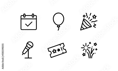 Simple celebration icons featuring microphone, calendar, balloon, and fireworks