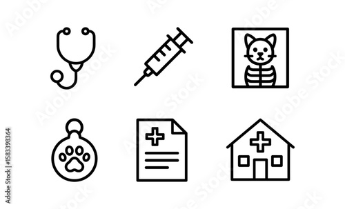 Veterinary icons set: stethoscope, syringe, cat x-ray, paw tag, medical document, clinic