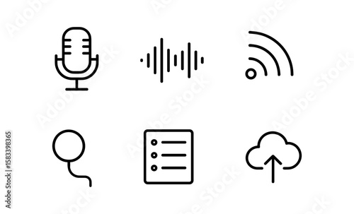 Minimalist outline icons for podcast, sound, and cloud connectivity