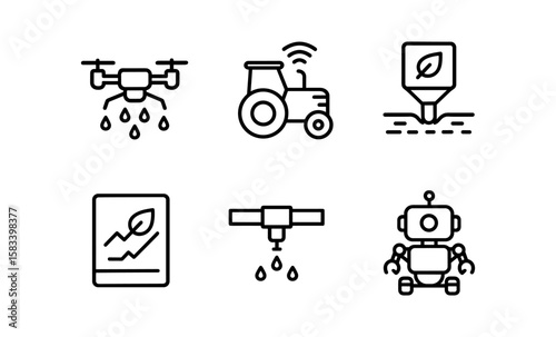Farming technology icons: drones, robots, and automated systems for agriculture