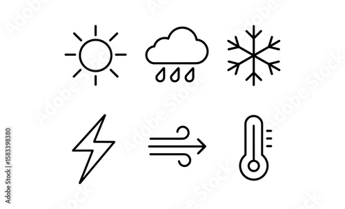 Minimal weather icons: sun, cloud, snowflake, lightning, wind, thermometer