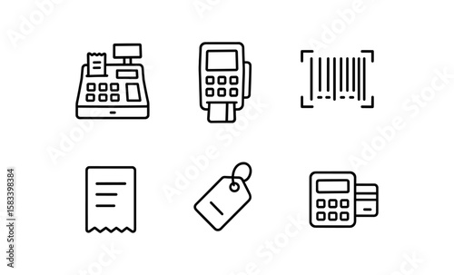 Minimalist line icons of cash register, payment terminal, bar code, receipt, tag, and credit card reader