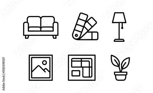 Minimalist home decor icons: sofa, lamp, and art objects collection