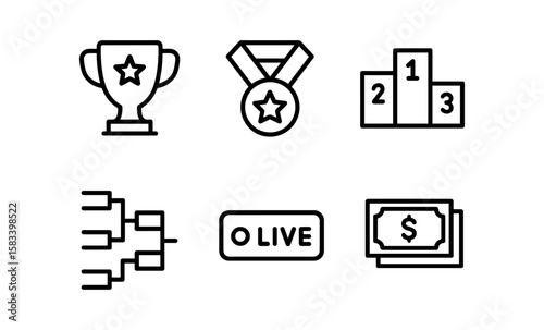 Minimalist icons of achievement: trophy, medal, leaderboard, bracket, live, money