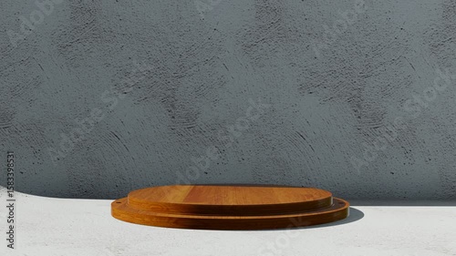 Brown wooden round podium on rough concrete floor.