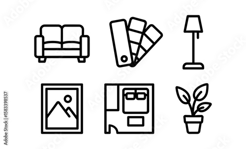 Minimalist home décor icons: sofa, lamp, and more for interior design concepts