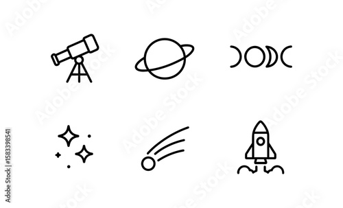 Minimalist celestial icons collection featuring telescope, planets, and rocketship