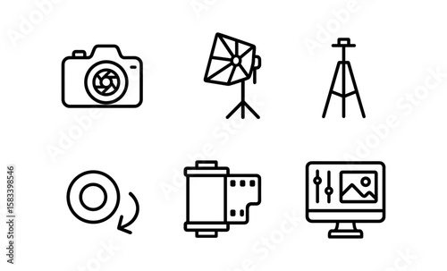 Photography equipment line art icons featuring camera, light, tripod, and editing tools