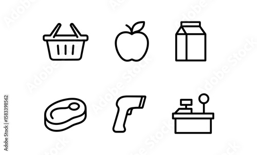 Minimalist shopping icons: basket, apple, milk, steak, scanner, cashier