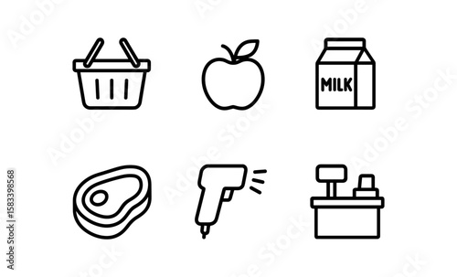 Minimalist outline icons of shopping and groceries with basket and milk