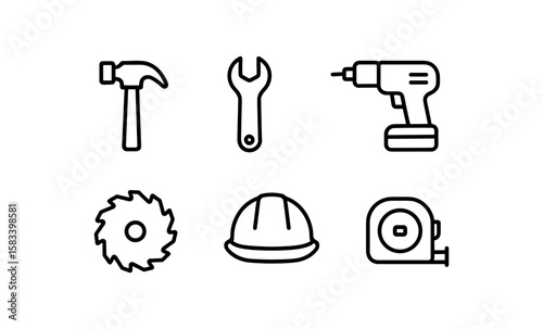 Essential construction tools set: hammer, wrench, drill, saw, hard hat, tape measure in linear style