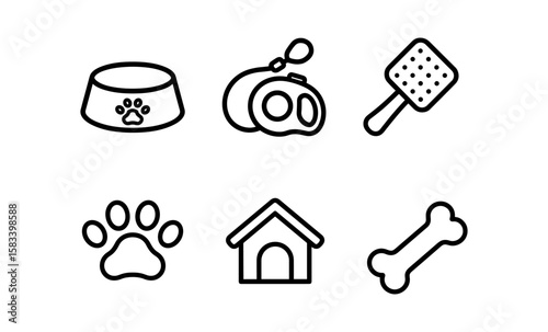 Pet care icons: bowl, leash, scoop, paw print, house, bone in line art style