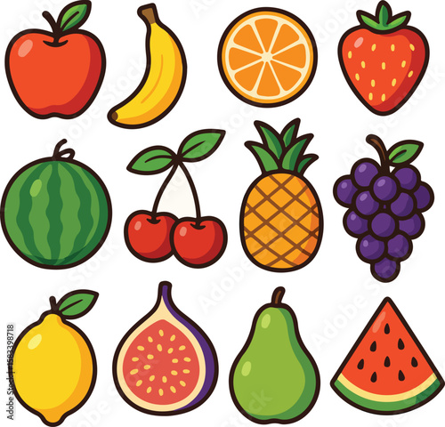 Fresh and vibrant fruit assortment featuring apple, banana, strawberry, watermelon, orange, cherry, pineapple, grape, lemon, fig, and pear.