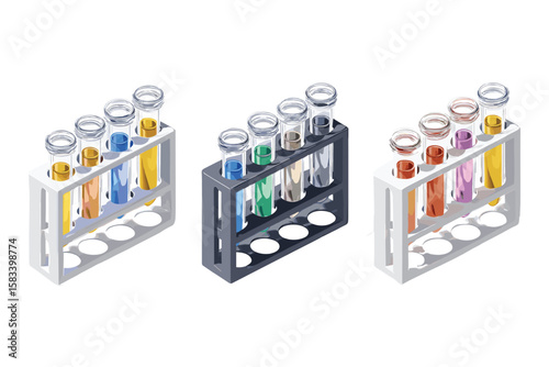  isometric chemical test tube racks with colored liquids in laboratory setting