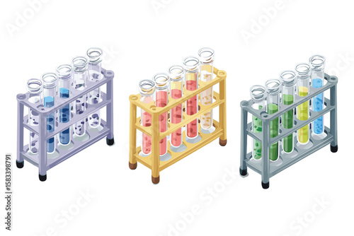  isometric science lab racks with colorful test tubes in metal holders