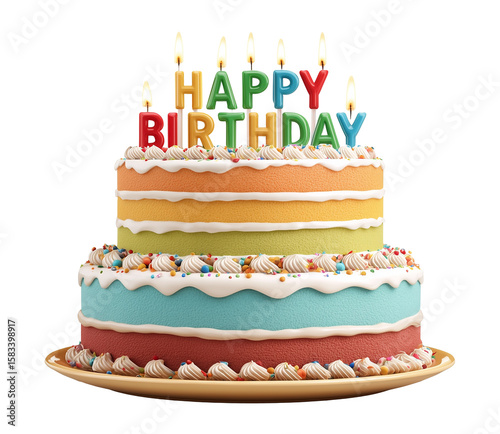 Delicious colorful birthday cake with candles and HAPPY BIRTHDAY topper isolated on transparent background.