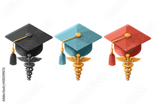 isometric set of graduation hats with caduceus medical emblems