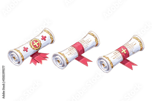 isometric set of rolled diplomas and graduation certificates