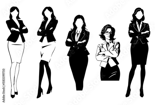 Five Business Women in Suits - Vector Illustration