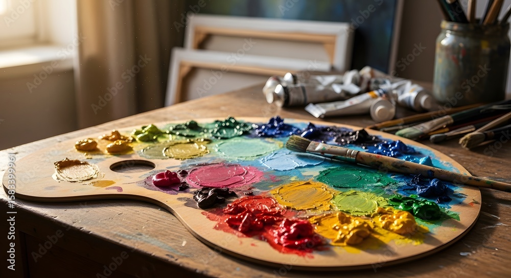 Vibrant Hues and Artistic Expression A Painters Palette Abundantly Filled with Dabs of Oil Paint, Ready for Creative Exploration Vibrant Hues and Artistic Expression A Painters Palette Abundantly Filled with Dabs of Oil Paint, Ready for Creative Exploration