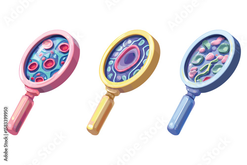 isometric set of magnifying glasses with viruses and bacteria