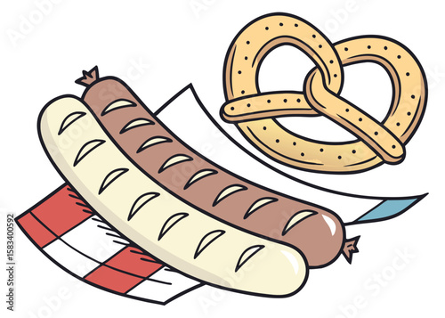 German Bratwurst and Pretzel—Flat Vector Illustration
