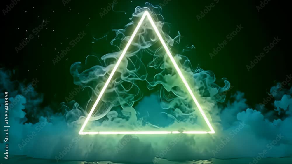 With a fluid motion, a floating noise hazy abstract triangle made of neon smoke forms and disintegrates, scattering ethereal wisps against a radiant green screen, while its transition evokes