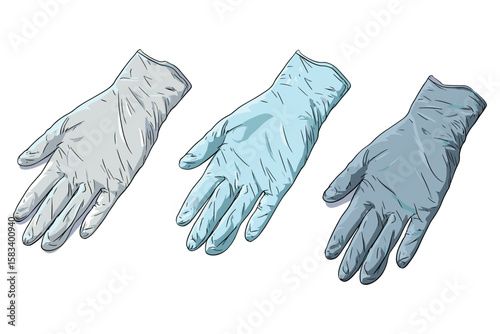 isometric set of disposable gloves in blue and transparent colors